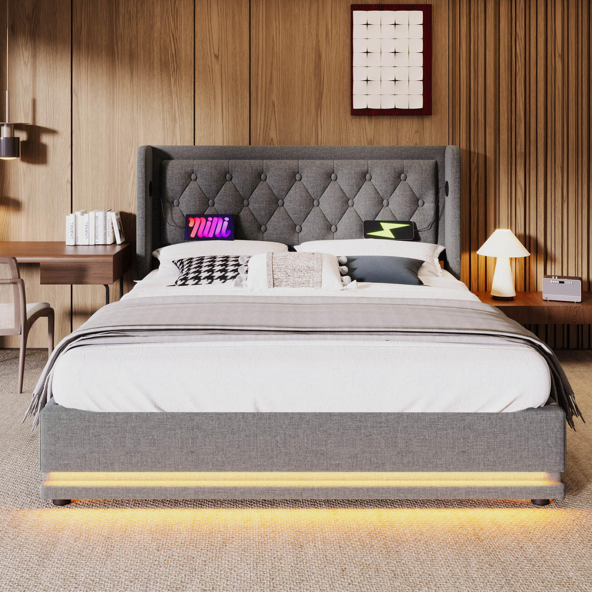 POLSTERBETT mit Bettkasten 160x200 cm Grau USB & LED - Grau, Metall (160/200cm) - Meubliv