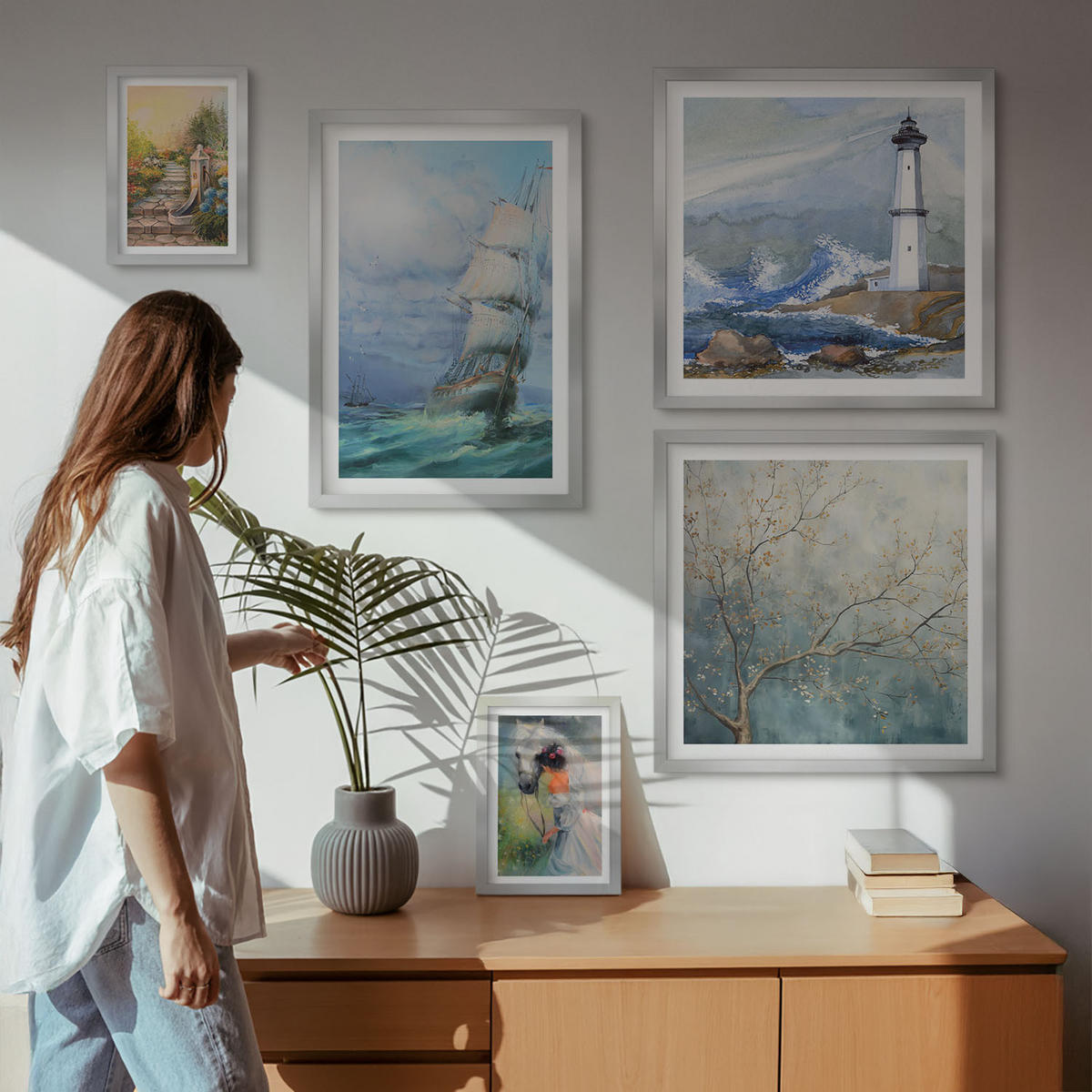 WANDBILDER 5er Set - 50x50 cm & 20x30 cm & 40x60 cm Silberner Rahmen - Familienillustrationen Hausschilder - Silberfarben, Kunststoff (40/60cm) - ArtPrintCave