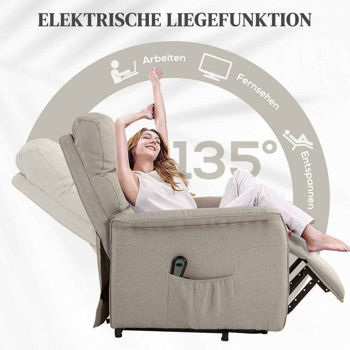 FERNSEHSESSEL mit Aufstehhilfe Elektrisch, Relaxsessel mit Liegefunktion Beige - Beige/Schwarz, Textil/Metall (90/96/66cm) - HOMCOM