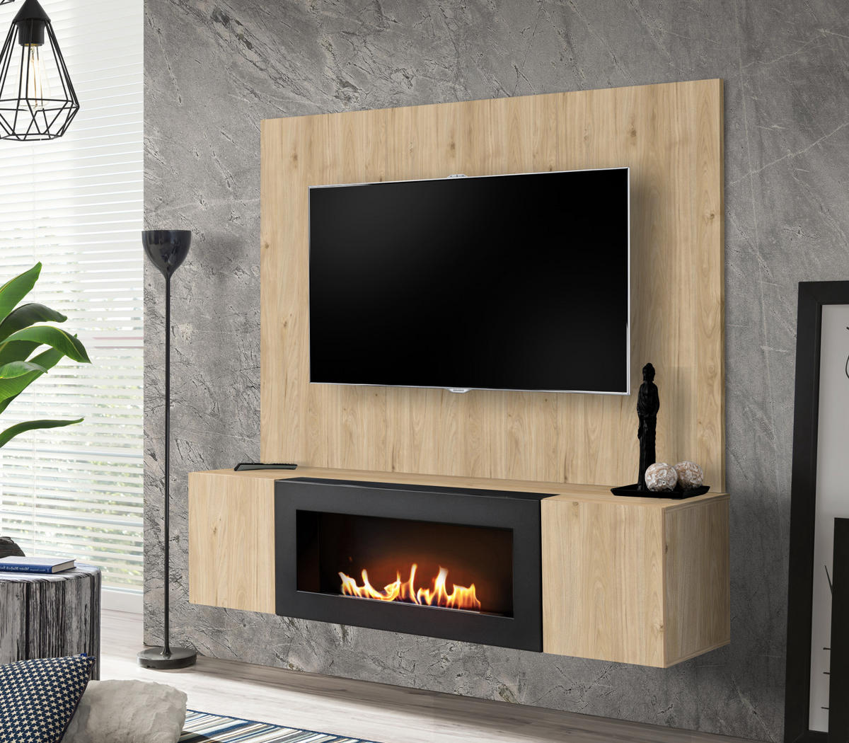 TV-LOWBOARD Eiche Jackson 160 cm hängend, Set inklusive Ethanol Kamin und Wandpaneel - Eichefarben, Holzwerkstoff (160/158/40cm) - Inn.Furn