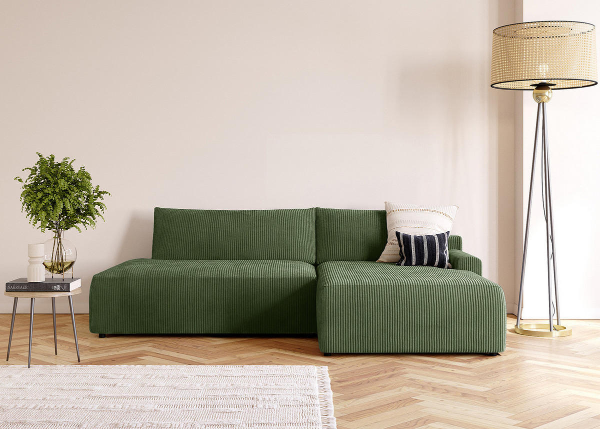 ECKSOFA mit Schlaffunktion - Longchair - Schwarz/Grün, Kunststoff/Textil (253/167cm) - home24