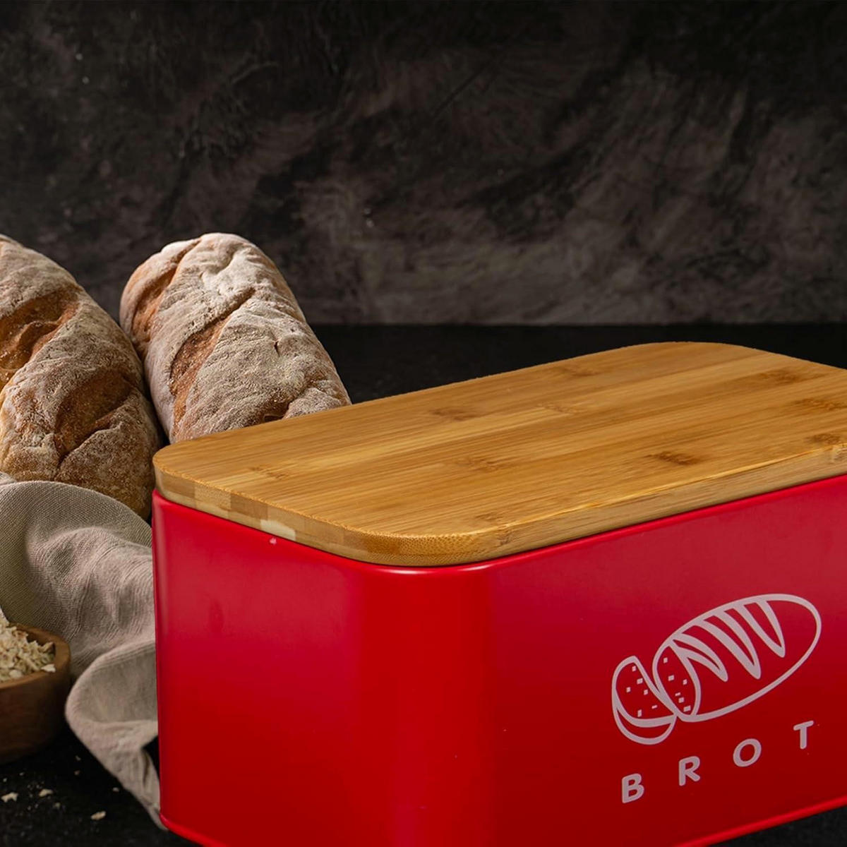 BROTKASTEN mit Bambusdeckel 30 cm Rot - Rot, Metall (18/14/30cm)