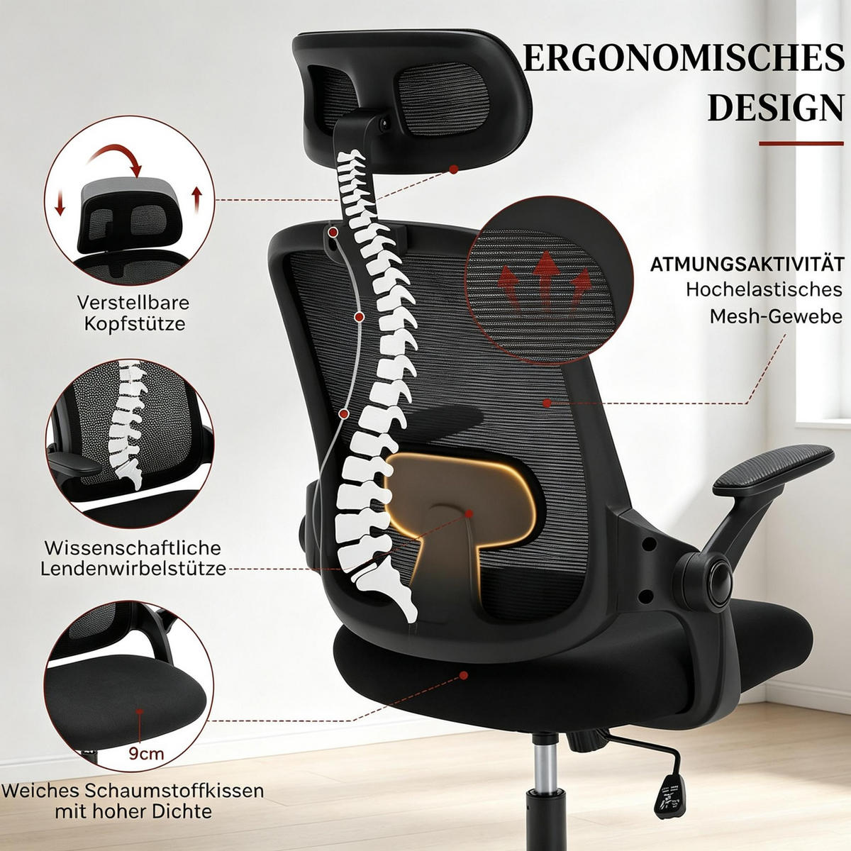 DREHSTUHL ergonomischer Bürostuhl mit Wippfunktion 150 kg - Schwarz, Leder (63.5/118/47cm) - Gisaae
