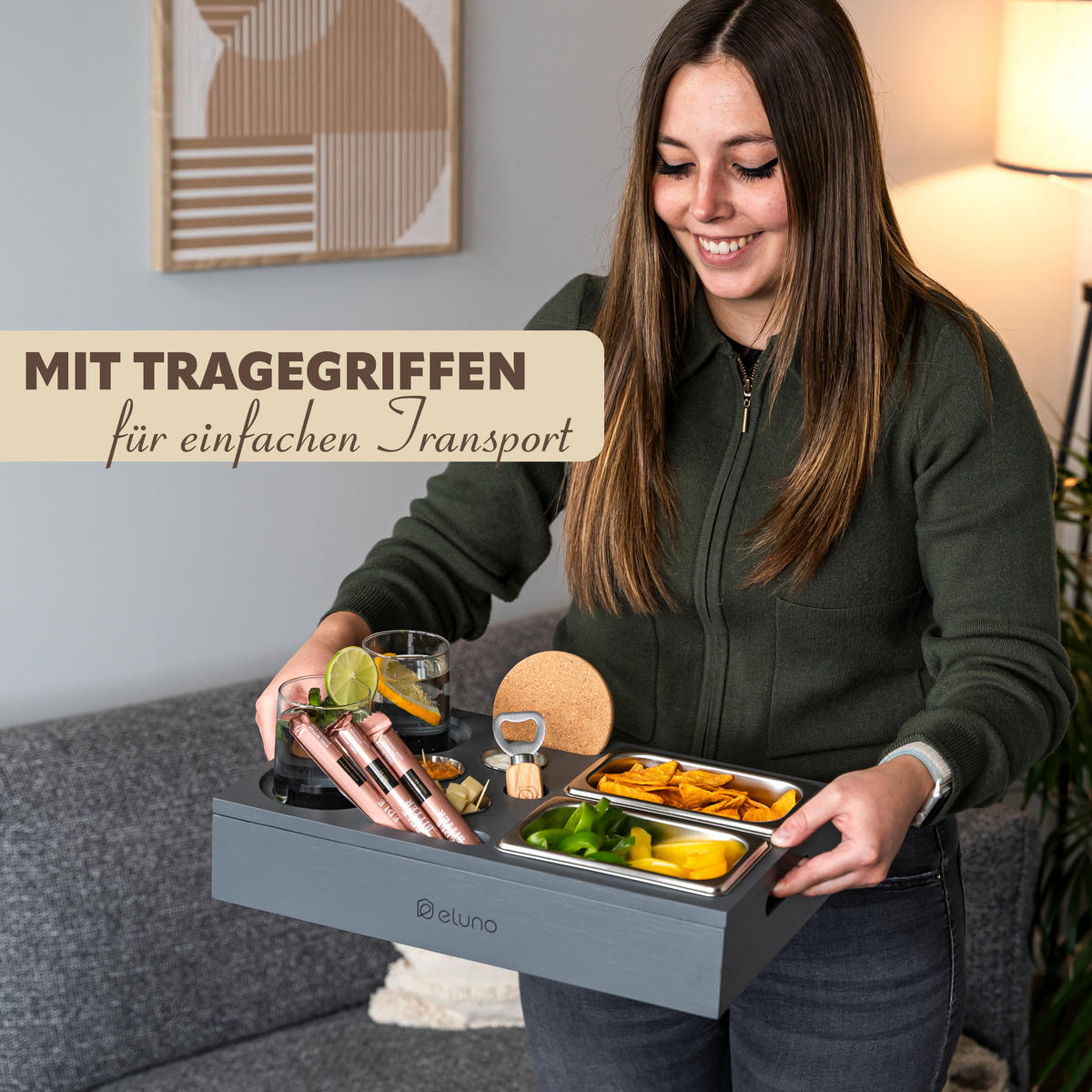 COUCHBAR mit abnehmbarem Deckel, Bambus, grau - Dunkelgrau, Holz (27.5/8/40cm) - eluno