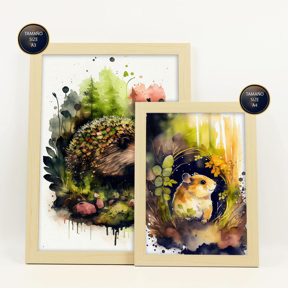 POSTER Set Mit 6 Lebewesen Illustrationen Von Tieren In Naturlandschaften, Realistischer Aquarellstil Innenarchitektur A3 & A4 Rahmen Aus Hellem Holz - Beige, Papier (29/3cm) - Nacnic