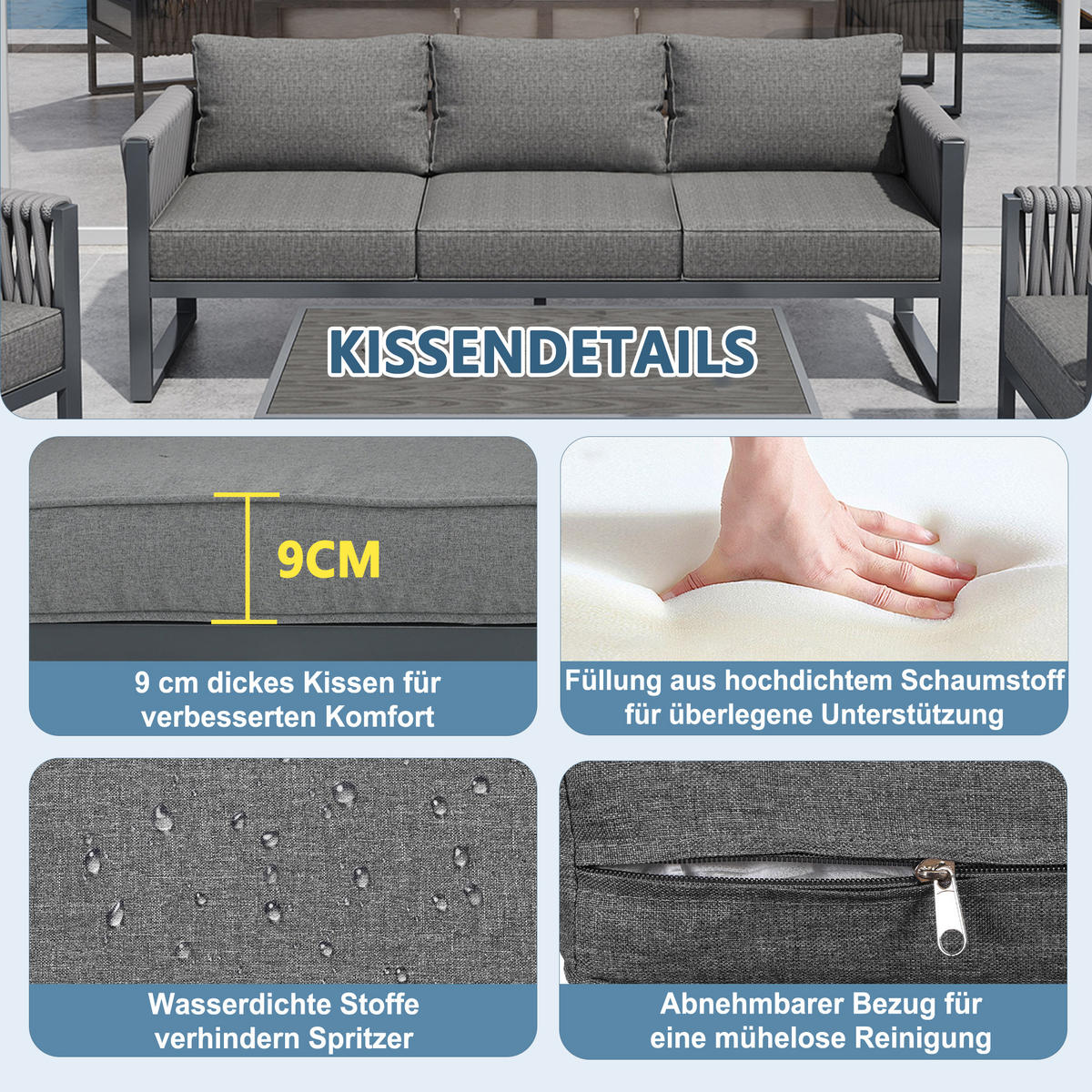 GARTENSET 10-Sitzer Grau Mit Verstellbaren Füßen & Metallgestell - Grau, Metall - FLIEKS