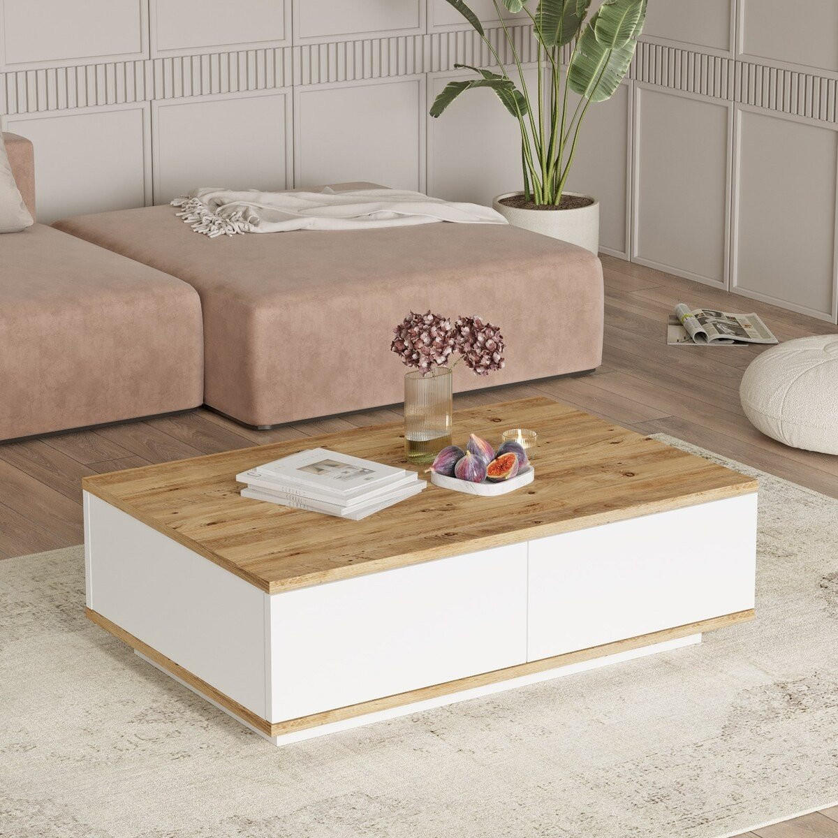 COUCHTISCH mit 1 klapptür in weiß und atlantik-kiefer - 90/60/28,6 cm - Naturfarben/Weiß, Holz (90/60/28.6cm) - Calicosy