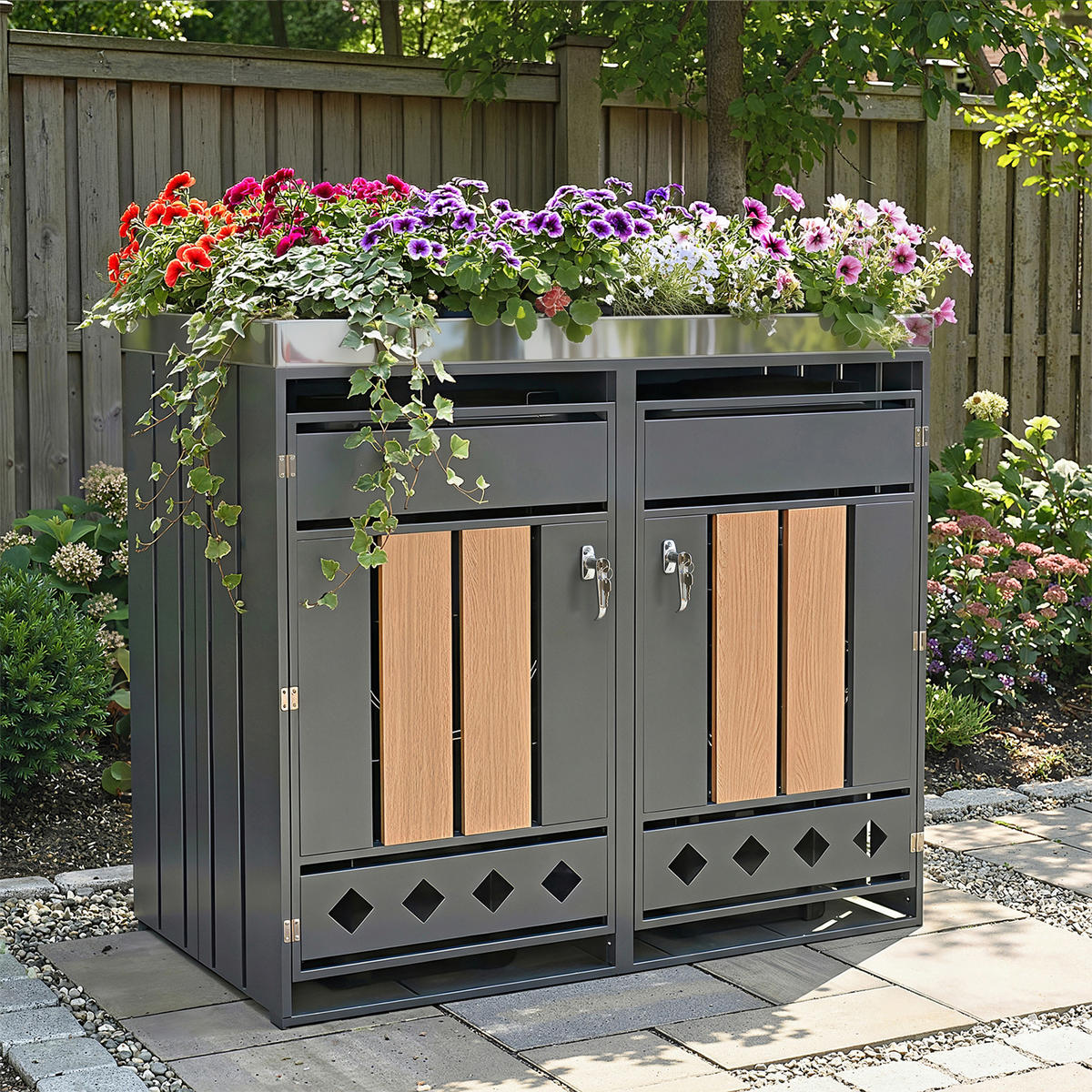 MÜLLTONNENBOX aus Stahl in Grau/Holzoptik mit Pflanzkasten & abschließbaren Türen 132x80x124,5 cm - Grau, Metall (132/124.5/80cm) - Modfu