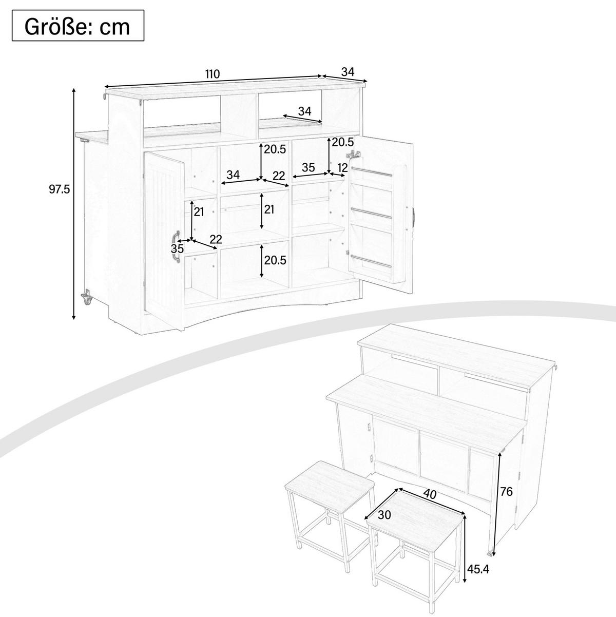 KÜCHENINSEL 110/34-68/97,5 cm in Weiß mit klappbarer Arbeitsplatte und 2 Hockern - Weiß, Holzwerkstoff (110/97.5/68cm) - Flora Grace