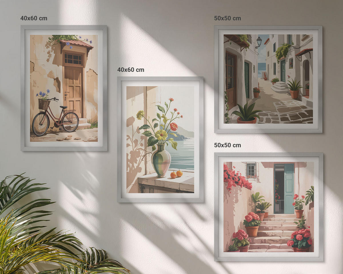 BILDER SET 4er Set - 50x50 cm & 40x60 cm Silberner Rahmen - Straßenblumen, Fahrrad bemalt - Silberfarben, Kunststoff (50/50cm) - TULUP