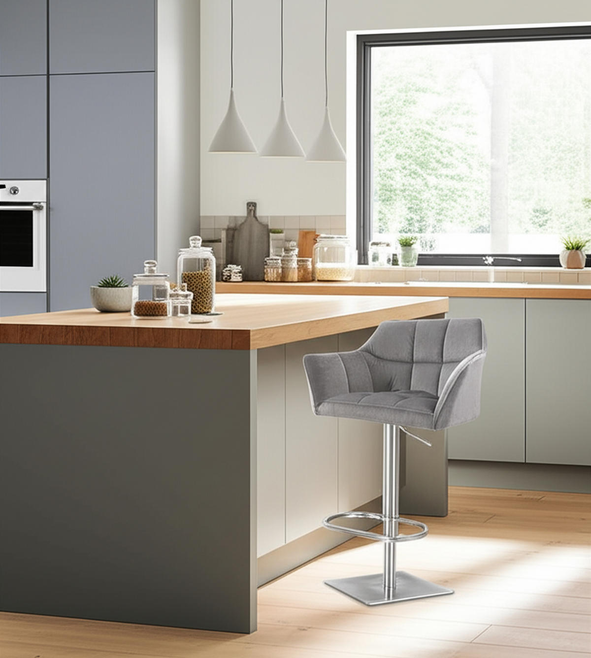 BARHOCKER Damaskus E Samt grau - Edelstahlfarben/Grau, Textil/Metall (64/110/48cm) - TPFLiving