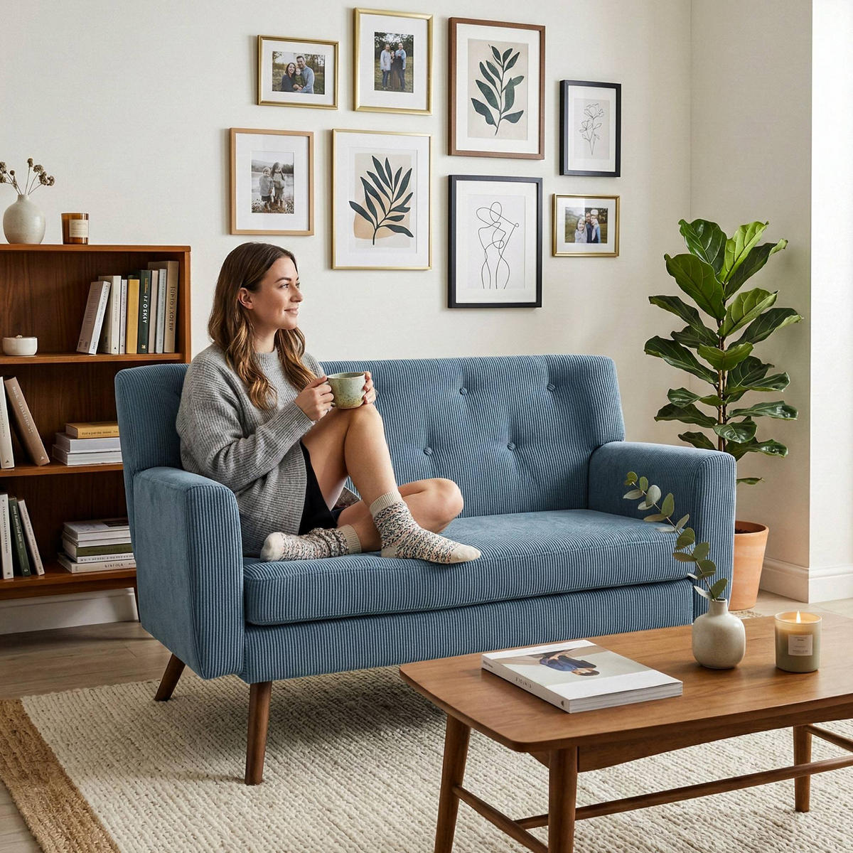 SOFA Arne Cord 2-Sitzer 120x74x81cm Cord Blau Couch - Blau, Kunststoff (120/81/74cm) - DELUKE
