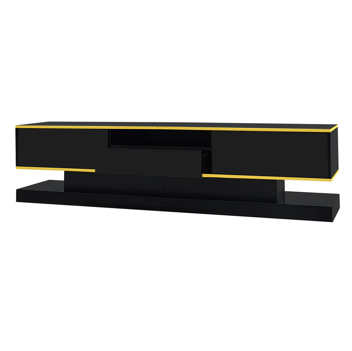 TV-SCHRANK aus Holzwerkstoff 180x38x45 cm Schwarz/Gold mit LED-Beleuchtung, Hochglanzoberfläche und 3 Schubladen - Schwarz, Holzwerkstoff (180/45/38cm) - Modfu