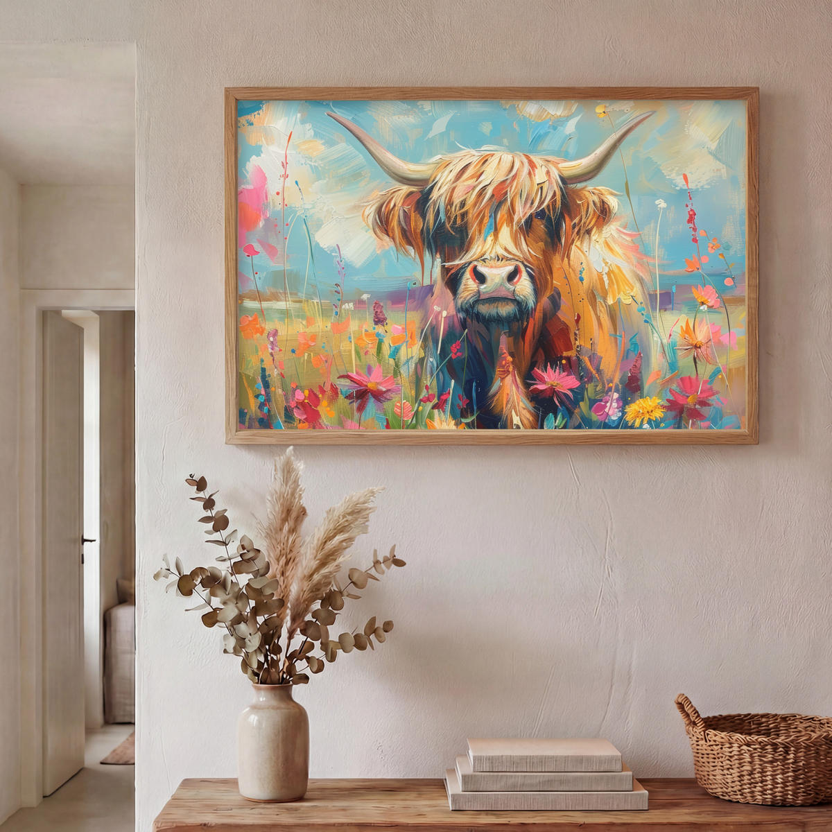 NÁSTĚNNÁ LAMPA S AKUMULÁTOREM Skotský horal - Příroda - Barevné - Květiny 90x60 cm - různobarevná, kompozitní dřevo (90/60/8cm) - OnlyWow