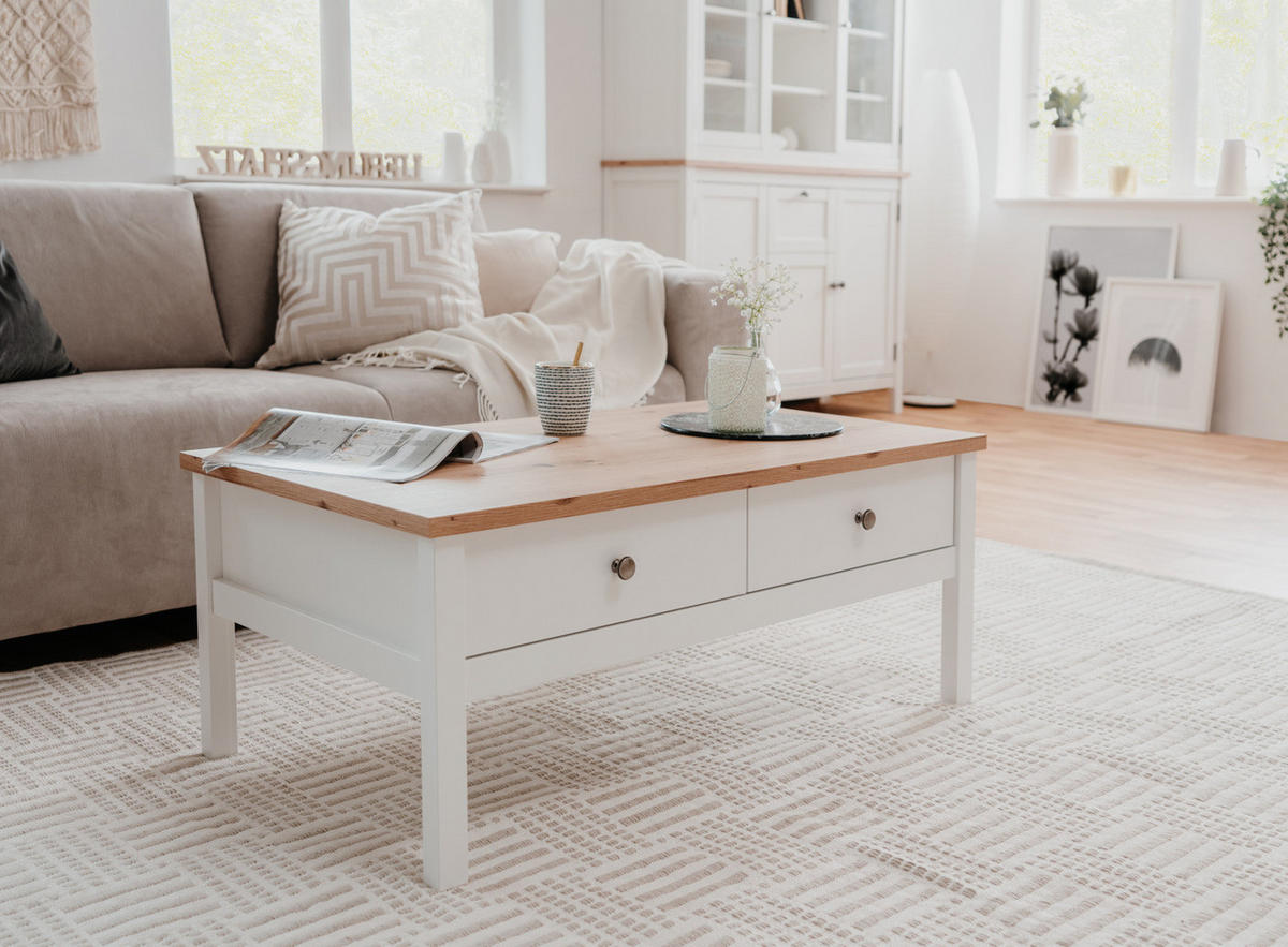 COUCHTISCH weiß, Eiche Artisan Landhaus, 110 x 55 cm, Wohnzimmertisch mit Schubladen - Silberfarben/Weiß, Holzwerkstoff/Kunststoff (55/110/40cm) - Furn.Design
