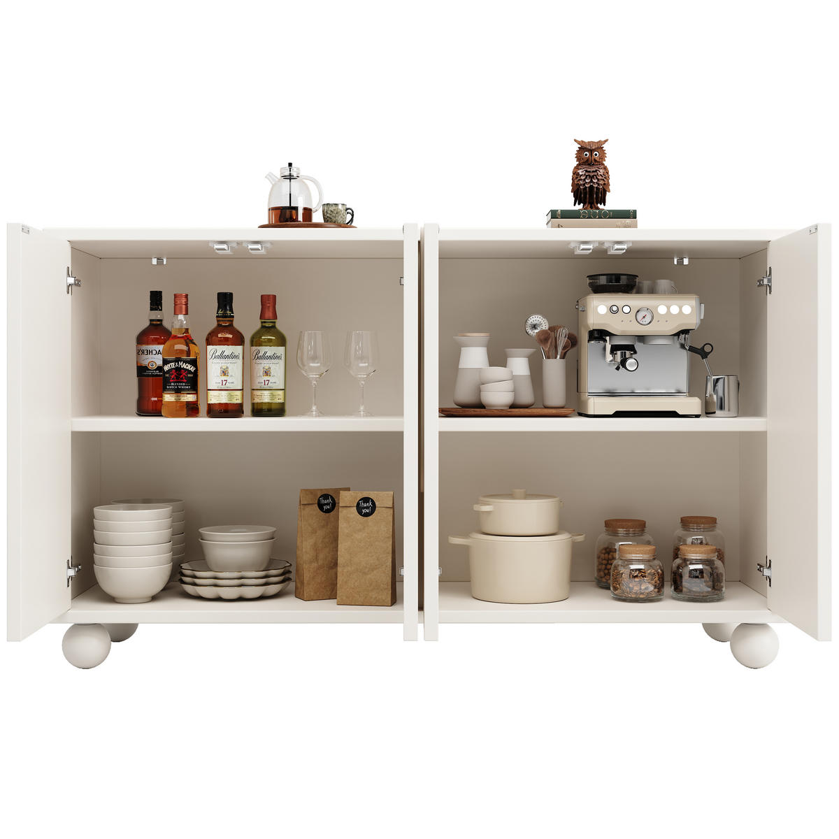 KÜCHENBUFFET mit Glaselementen und verstellbaren Einlegeböden, 120 x 35 x 71 cm, Weiß, MDF und Metall - Weiß, Holzwerkstoff (120/71/35cm) - SONNENH