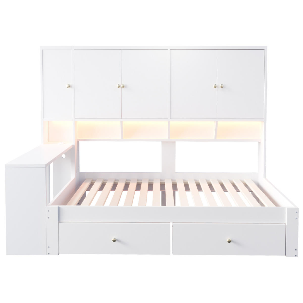 STAURAUMBETT 90/200 cm mit Schreibtisch, LED und Schubladen, DE-41644, in Weiß - Weiß, Holzwerkstoff (90/200cm) - ComfortXL
