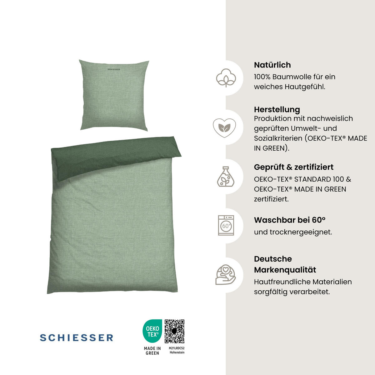 BETTWÄSCHESET Doubleface - Renforcé - 2-teilig - 155 x 220 cm - Grün - Grün, Textil (155/220cm) - SCHIESSER
