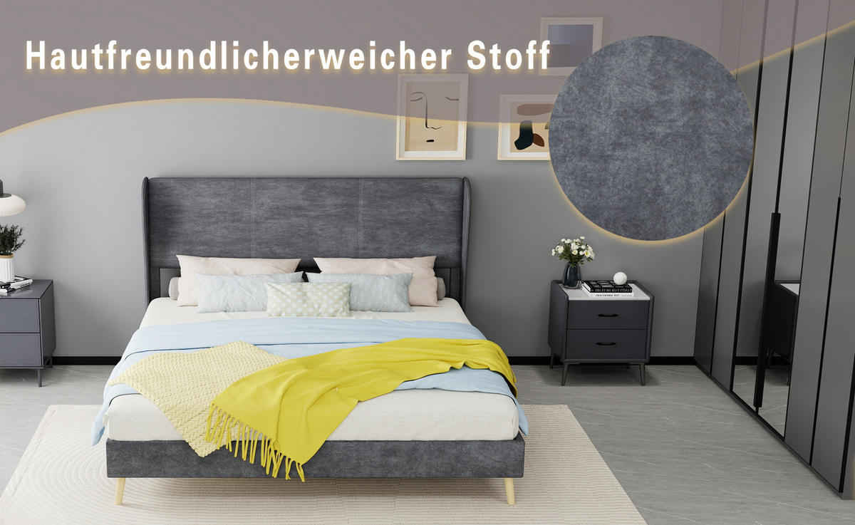 POLSTERBETT 160/200 cm mit gepolstertem Kopfteil und Matratze, Grau - Grau, Textil (160/200cm) - Redom