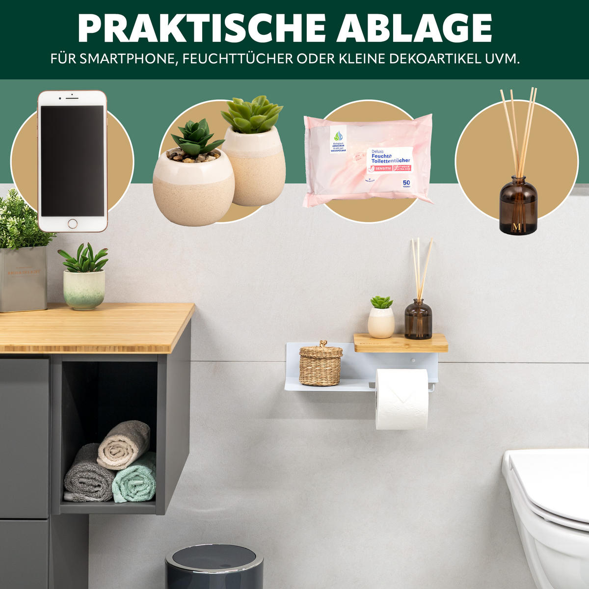TOILETTENPAPIERHALTER VARAZ mit 2 Ablagen, Metall und Bambus - Weiß, Metall (31.5/9.5/13cm) - eluno
