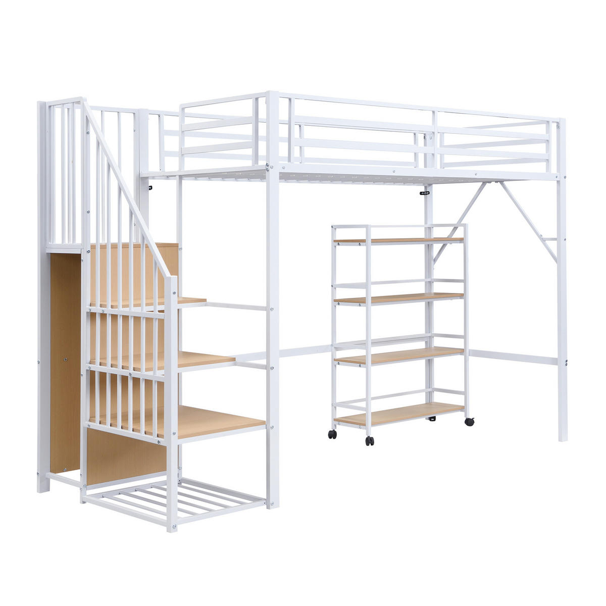 HOCHBETT 90/200 cm mit Eckleiterschrank, 4-stufigem Rollregal und Sicherheitsgeländer, Metall & Holz, Weiß/Natur - Weiß, Metall (90/200cm) - Redom
