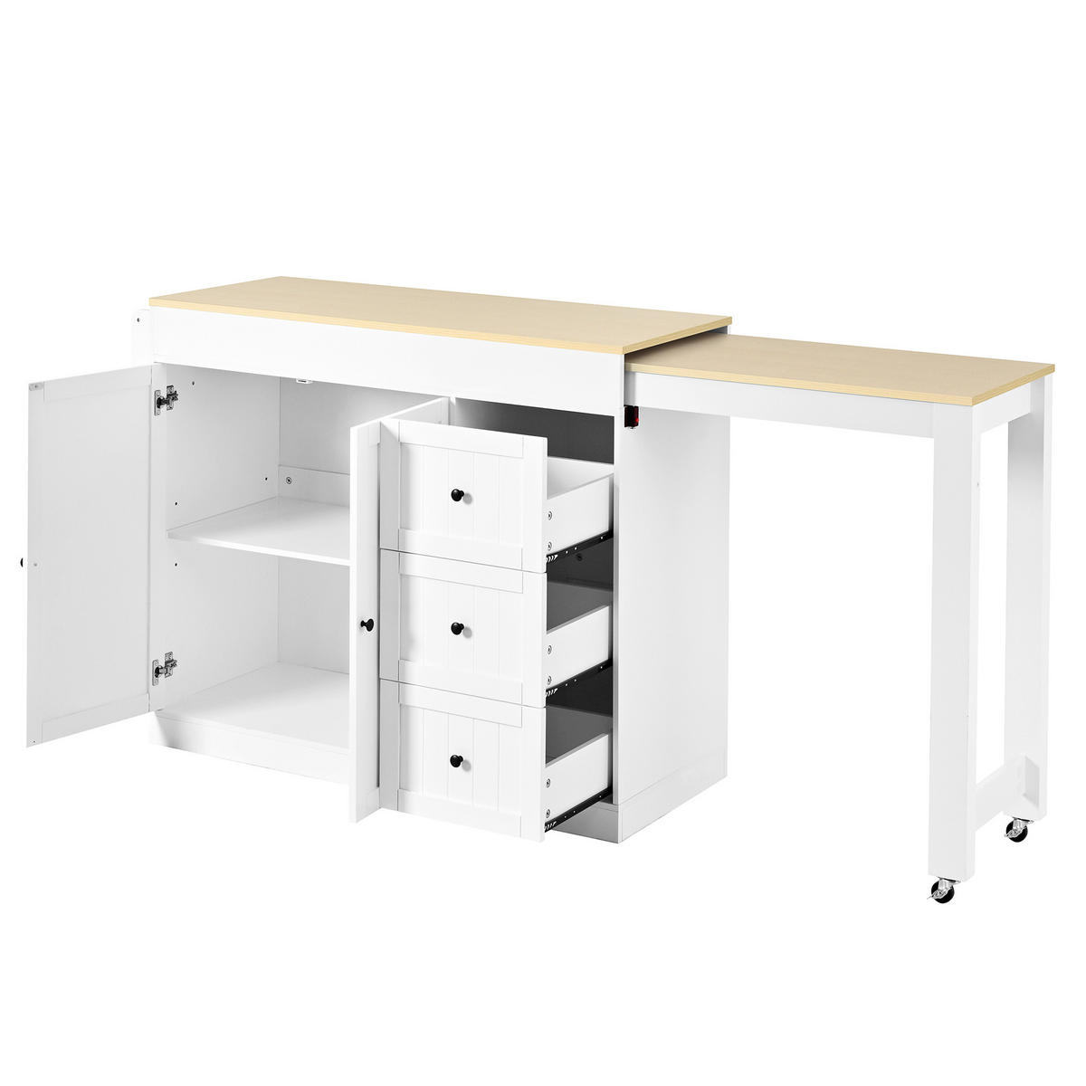 KÜCHENINSEL aus MDF und PB 112-186,8x45x93 cm Weiß mit ausziehbarer Arbeitsplatte, Rollen, Gewürzregal und 3 Schubladen - Weiß, Holzwerkstoff (130/93/45cm) - Modfu