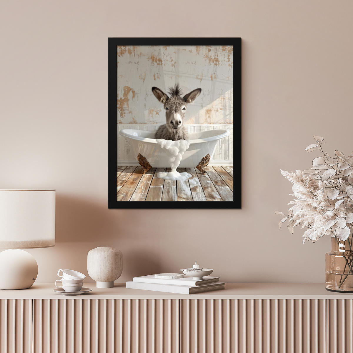 GERAHMTES BILD Esel - Tiere - Badewanne - Schaumstoff 30x40 cm - Weiß, Papier (30/40cm) - MuchoWow