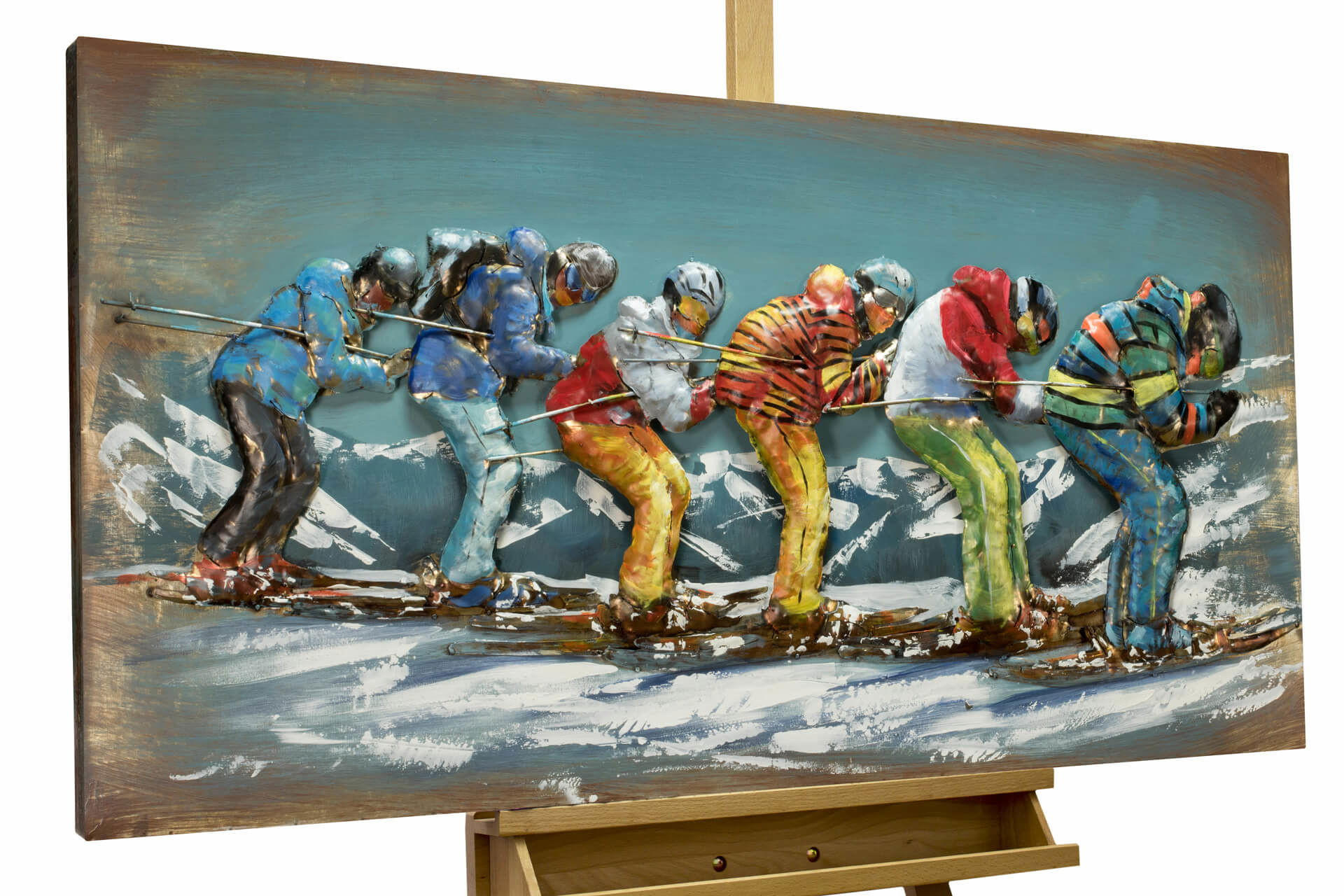 KUNSTLOFT KOVOVÝ OBRAZ VESELÁ JÍZDA NA LYŽÍCH, 120/60 CM