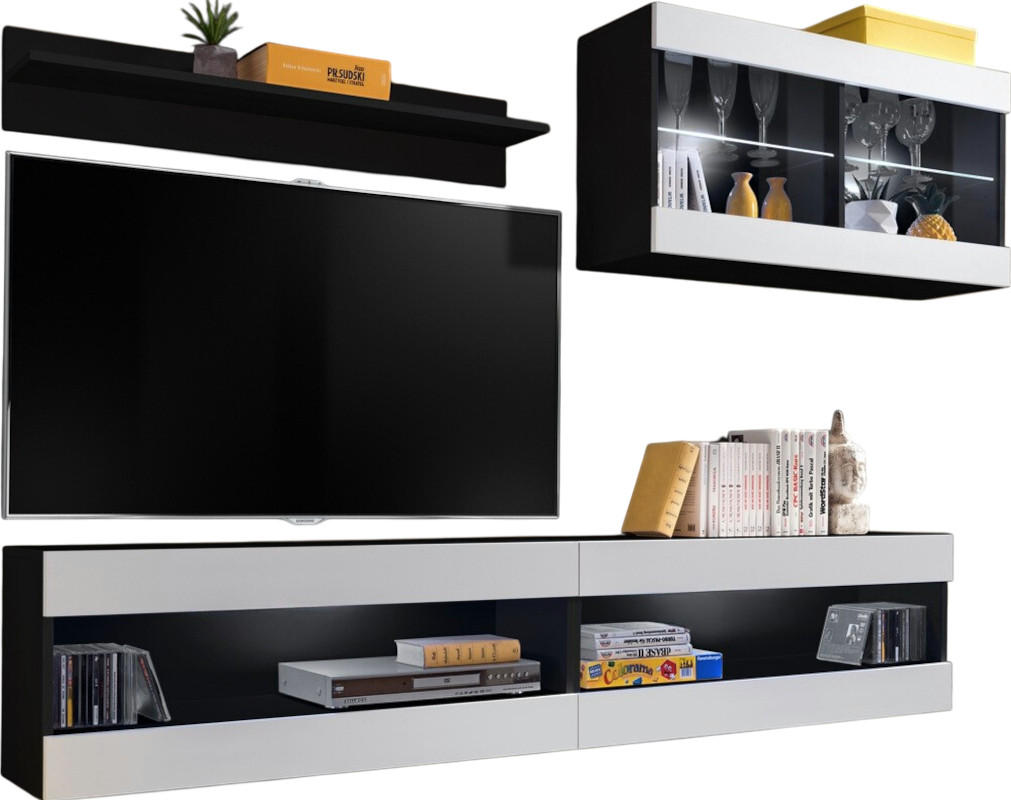 WOHNWAND 4-er Set, TIVOLI SET6 Schwarz + Weiß, Offener Raum - Schwarz/Weiß, Glas/Holzwerkstoff (240/195/35cm) - Komodee