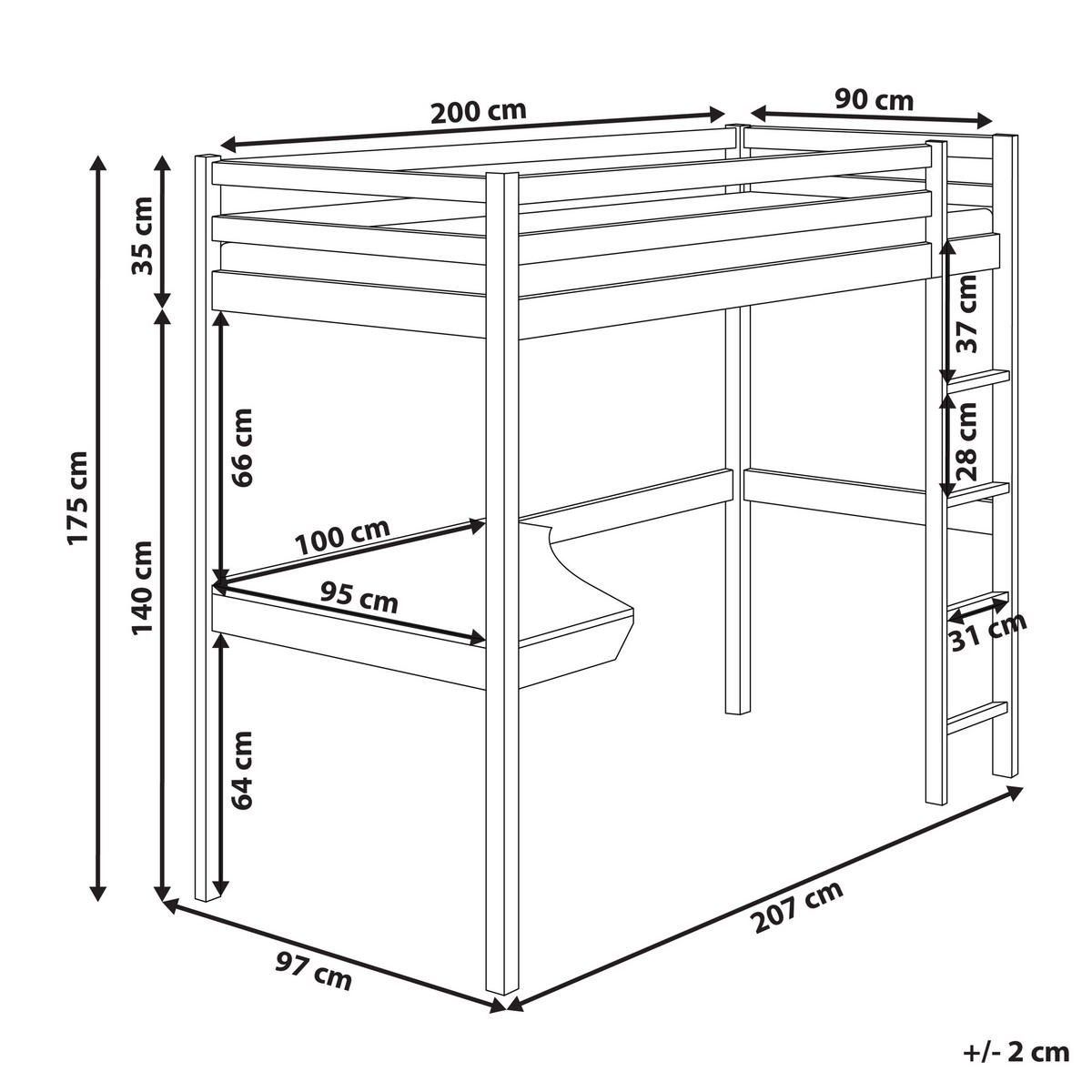 HOCHBETT MIT SCHREIBTISCH 90x200 cm Weiß Loury - Weiß, Holz (90/200cm) - Beliani