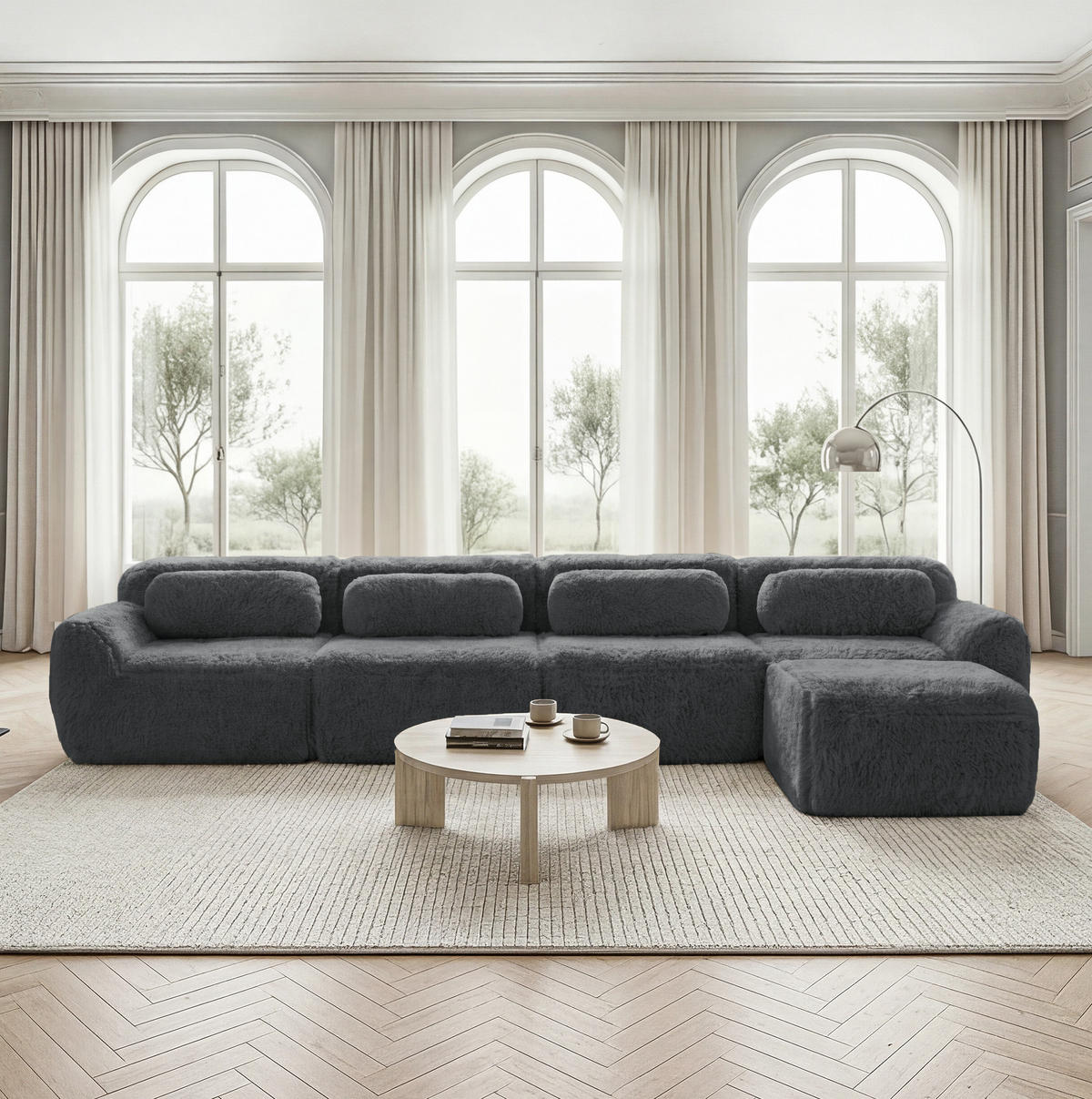 SOFA modular 4-Sitzer L-Form Plüsch Grau - Grau, Kunststoff (179/378cm) - Meubliv