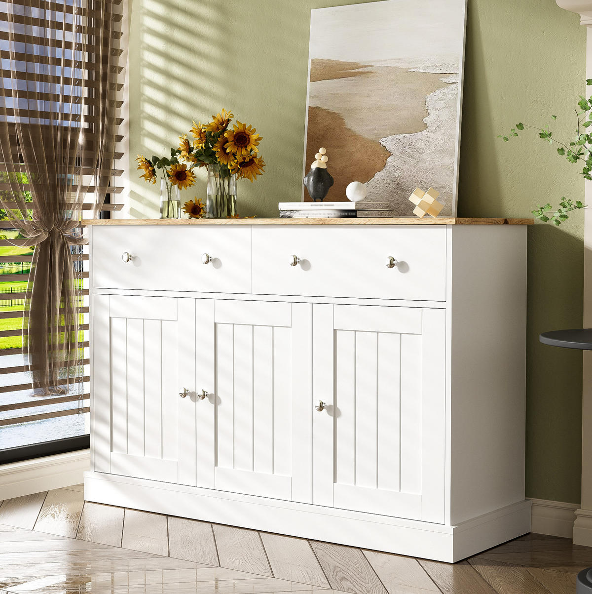 SIDEBOARD 120/36/80,5 cm in Weiß und Holzfarben mit 3 Türen und 2 Schubladen - Weiß, Holzwerkstoff (120/80.5/36cm) - Flora Grace