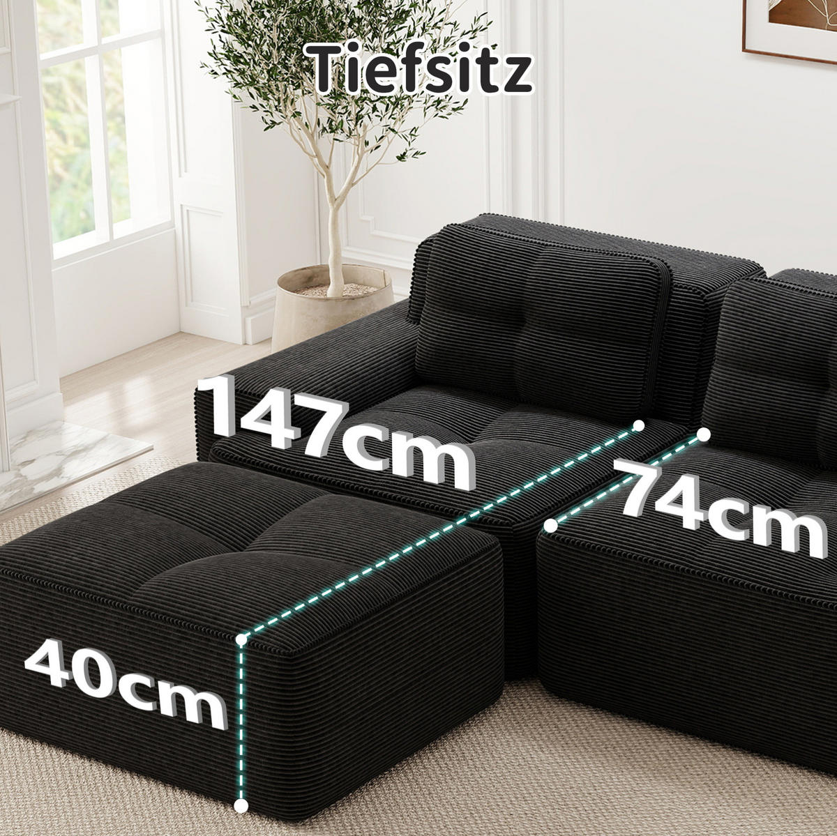 SOFA modular mit Schlaffunktion 74 cm Tiefsitz Cord Black - Schwarz, Kunststoff (177/69/293.2cm) - Meubliv