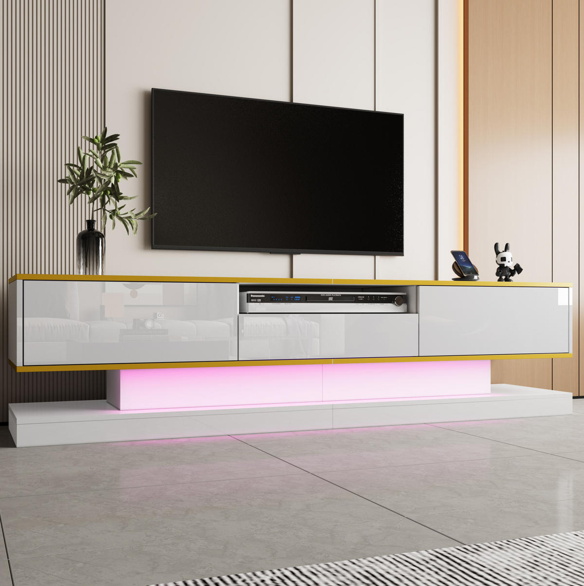 TV-LOWBOARD aus Spanplatte 180x38x45 cm Weiß mit LED-Beleuchtung, App-Steuerung und 3 Schubladen - Weiß, Holzwerkstoff (180/45/38cm) - IVMEU