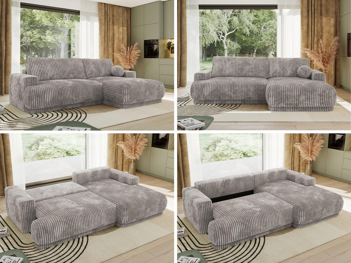 ECKSCHLAFSOFA RINA L Hellgrau Cord - rechts - Hellgrau/Schwarz, Kunststoff/Textil (170/267cm) - MKS