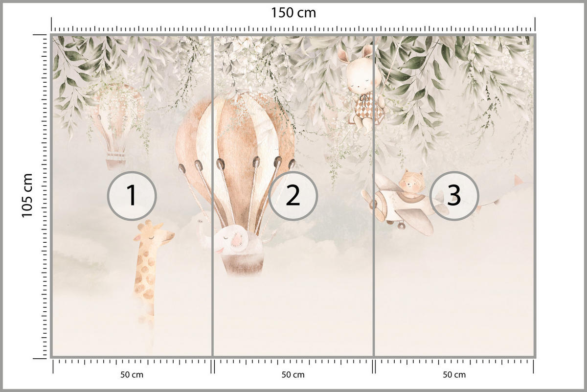 FOTOTAPETE für Kinderzimmer Tiere Wolken Ballons Giraffe Sonne 150x105 - Beige/Braun, Papier (150/105cm) - Muralo