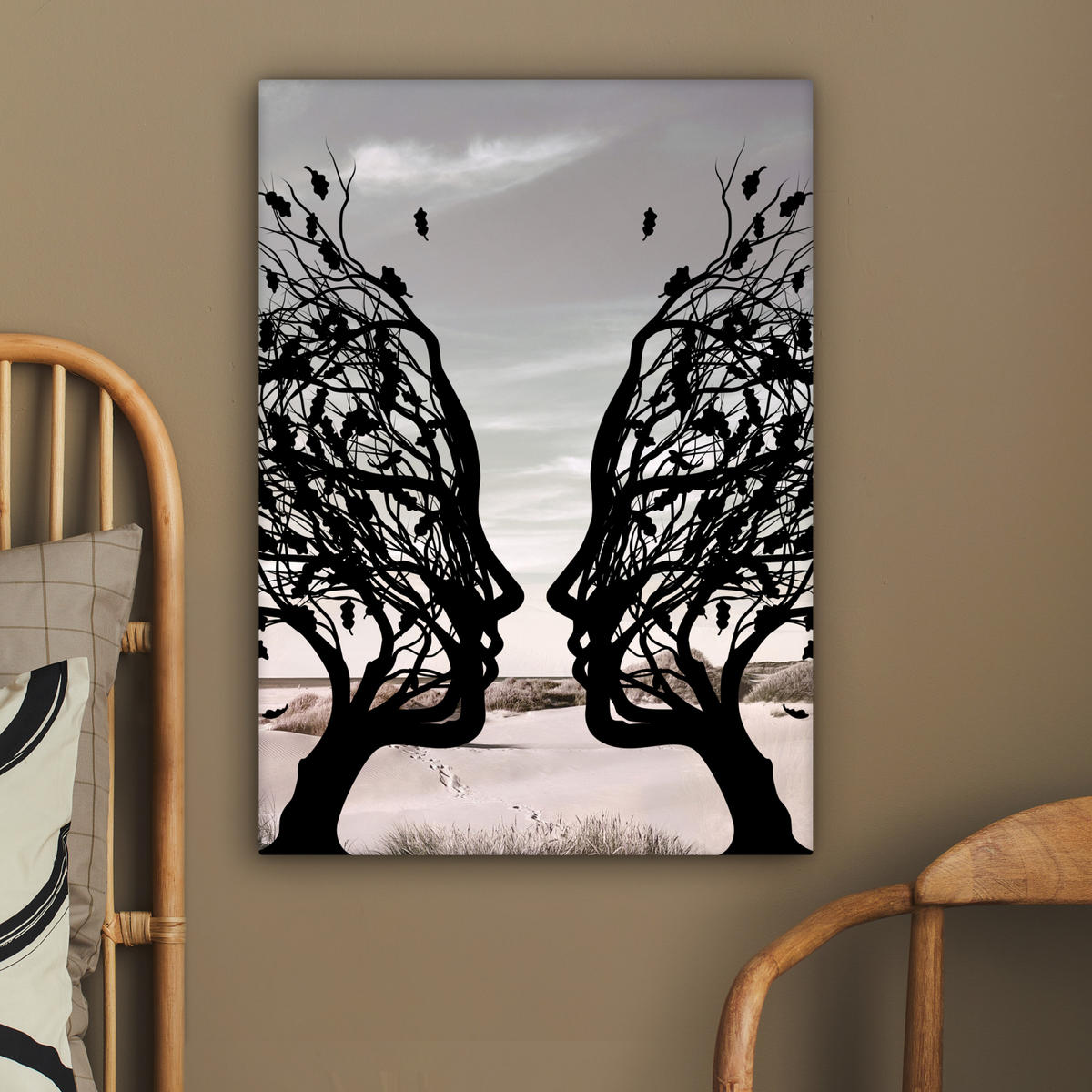 LEINWANDBILD Strand - Meer - Menschen - Baum - Moderne Kunst 60x80 cm - Hellgrau, Textil (60/80cm) - MuchoWow
