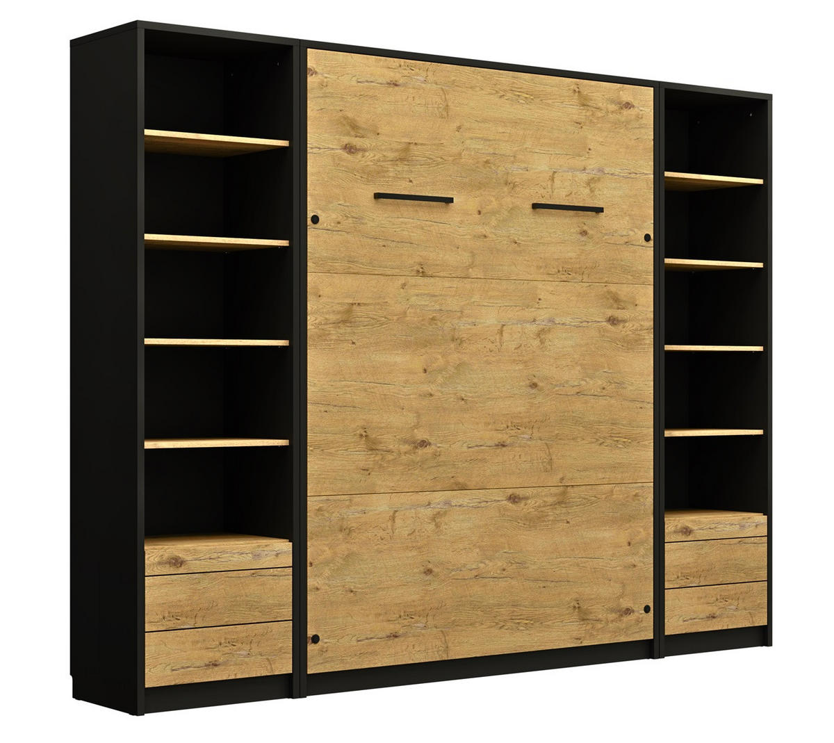 SCHRANKBETT vertikal GN120x200 mit Schreibtisch, LED und 2 Regalen - 3-teilig - Eiche Lancelot & Schwarz - Schwarz/Braun, Holzwerkstoff/Metall (120/200cm) - QMM TraumMöbel