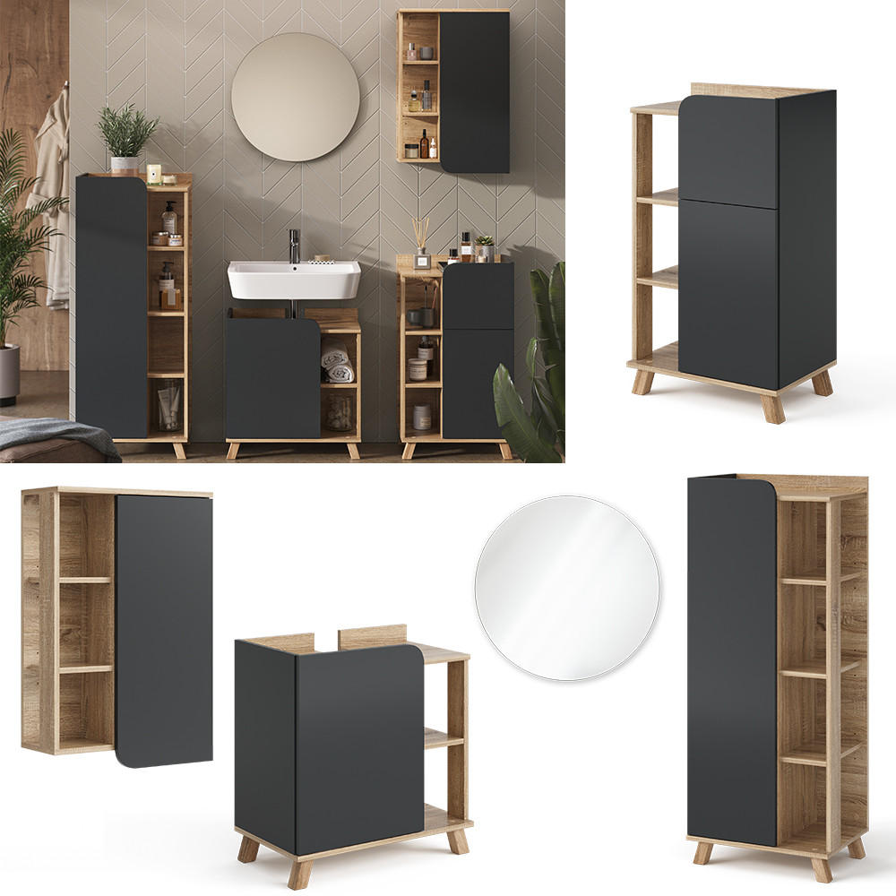BADMÖBEL-SET Karen Anthrazit 5 Teile - Anthrazit/Sonoma Eiche, Holzwerkstoff (60/65/35cm) - Vicco