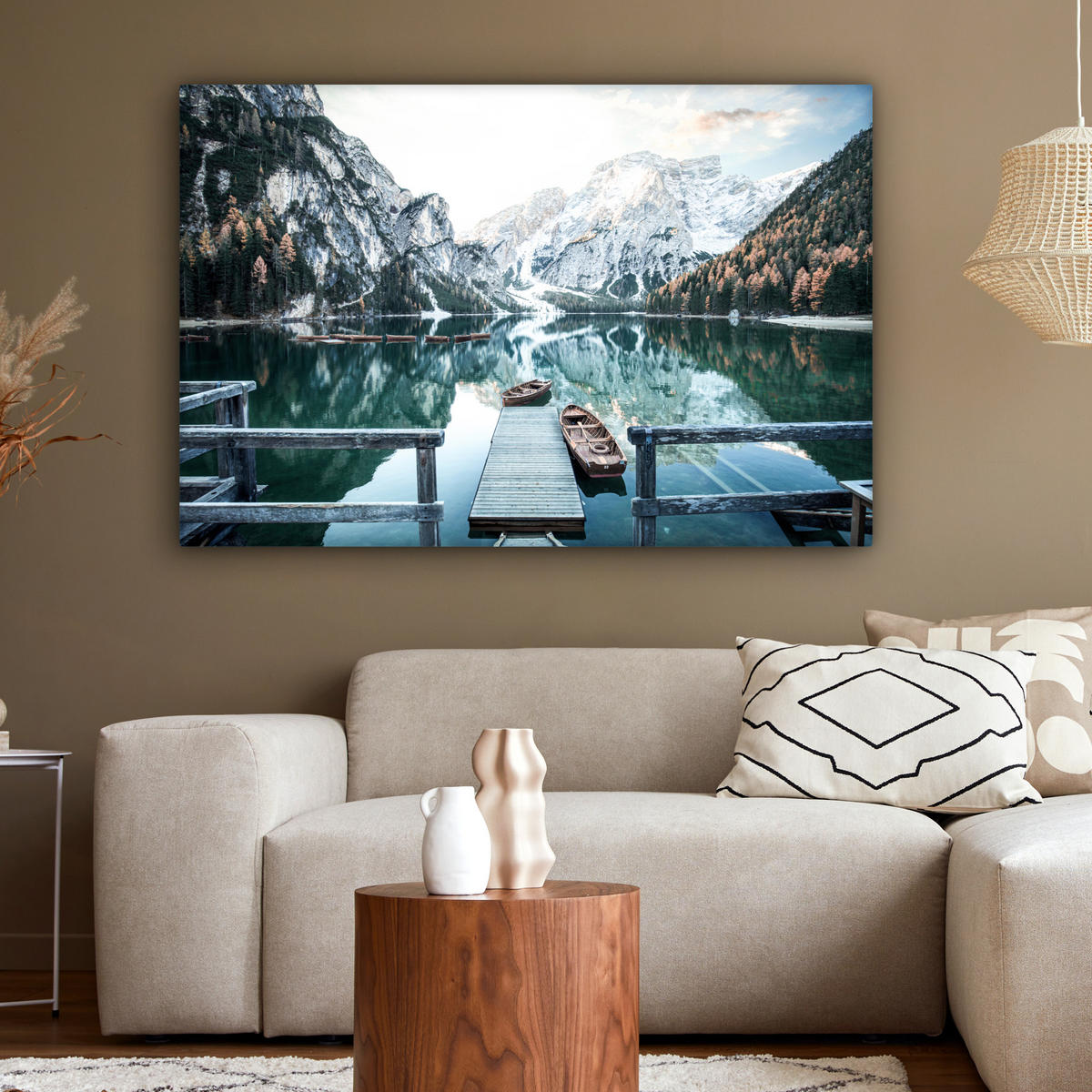 LEINWANDBILD Natur - Berge - Schnee - Wald - Boot 140x90 cm - Hellgrün, Textil (140/90cm) - MuchoWow