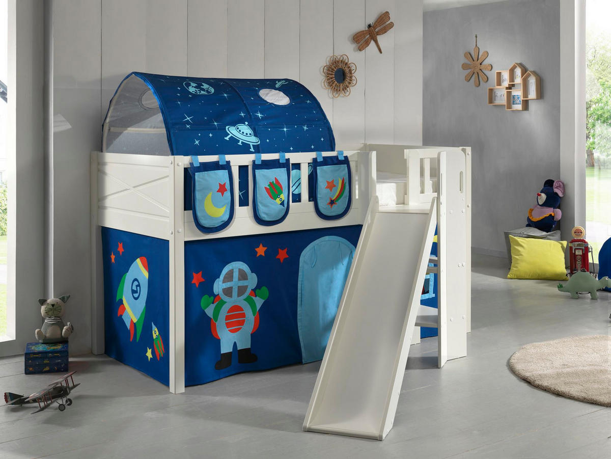 KINDERBETT mit Rutsche Karyl Massivholz Weiß Textilset Astro 4 - Blau/Weiß, Holz (90/200cm) - 58aufmkessel