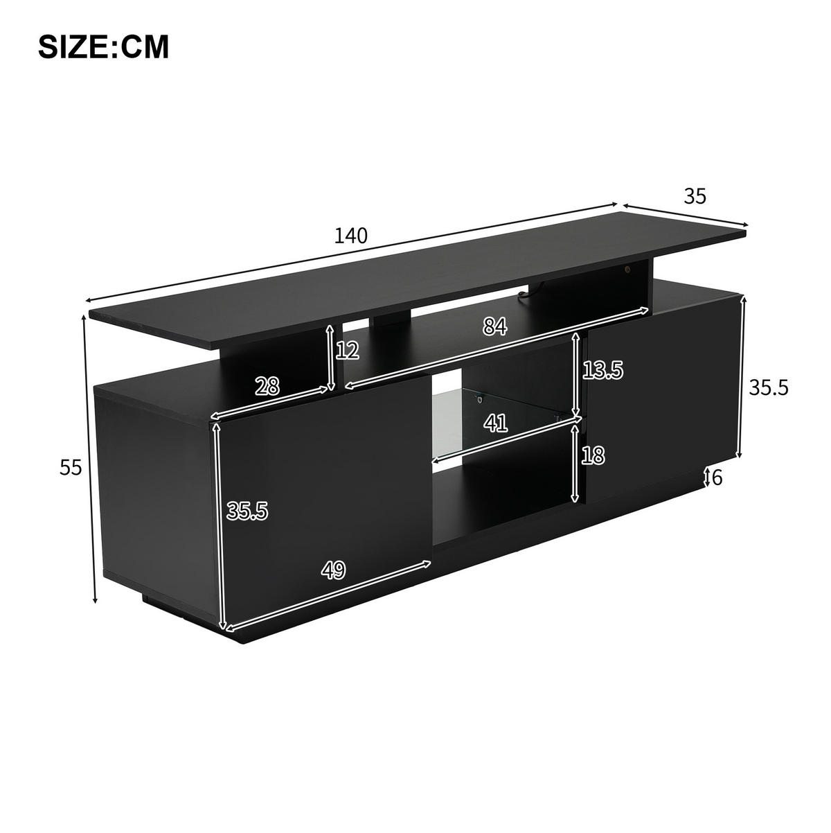 TV stolek 140/35/55 cm černý z dřevotřískové desky s LED osvětlením ovládaným aplikací - černá, kompozitní dřevo (140/55/35cm) - OKWISH