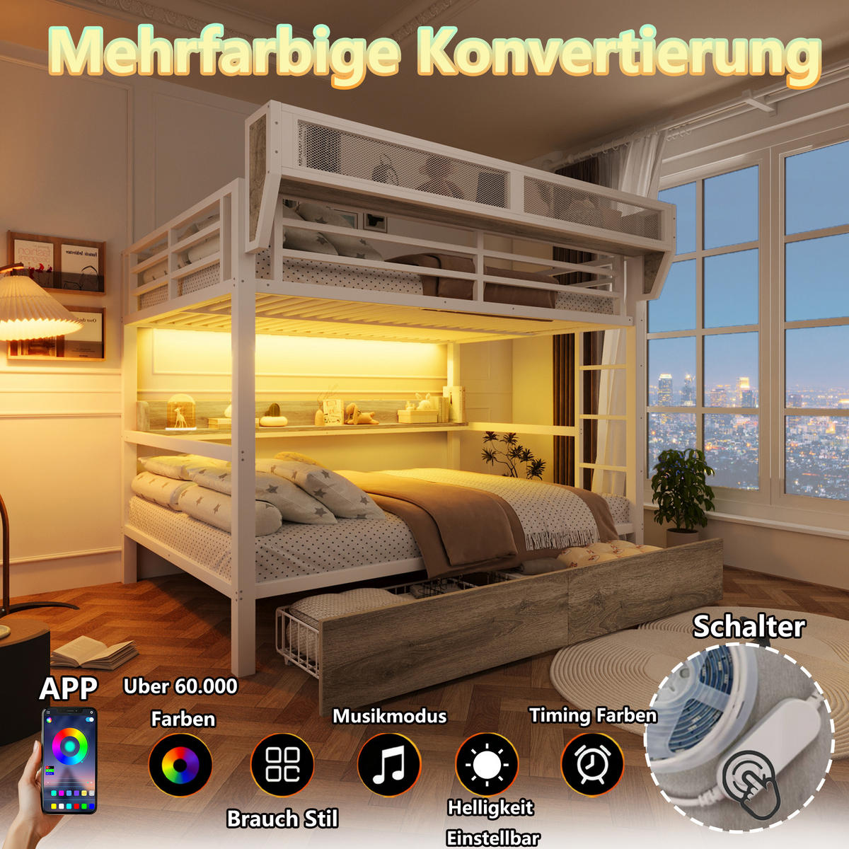 ETAGENBETT 140/200 cm in Weiß mit Ablagebord, Aufbewahrungskorb, Schubladen und LED - Weiß, Holzwerkstoff/Metall (140/200cm) - WISHDOR