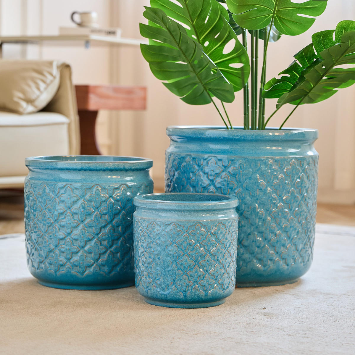 BLUMENTOPF großes Keramikpflanztopfset Frost&hitzebeständig&Ablaufloch - Blau, Keramik (38/38cm)