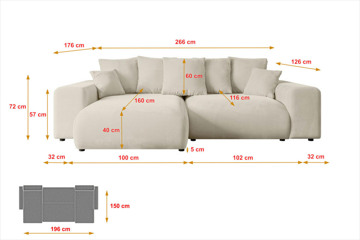 ECKSOFA Ottomane links ESKAR-L 266x176x72 Cappuccino Velours - Schwarz/Cappuccino, Holzwerkstoff/Kunststoff (266/176cm) - ALTDECOR