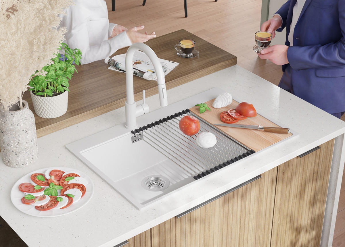 GRANITSPÜLE Oslo Duo, 2-er set Alles Weiß 78/50 cm 2 Becken + Küchenarmatur 40/20 cm + Ablauf-Set + Schneidebrett ab 80er Unterschrank - Beige/Weiß, Kunststoff (78/20/50cm) - Primagran