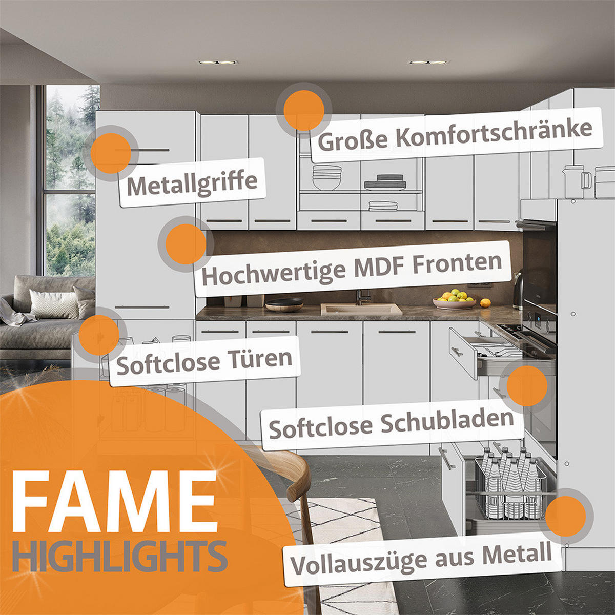 KÜCHENZEILE Fame-Line Eiche Paneel/Weiß 355 cm , AP Anthrazit - Hellbraun/Weiß, Holzwerkstoff (355/81.6/60cm) - Vicco
