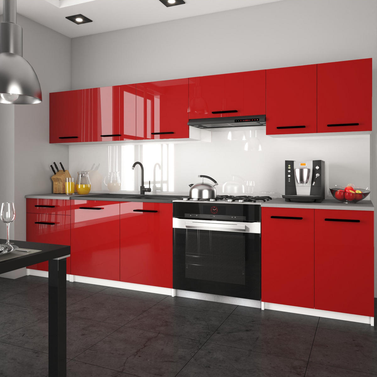 KÜCHENZEILE Italia 2 240 cm, mit Arbeitsplatten, Rot - Rot, Holz (240/143/60cm) - B BELINI GROUP