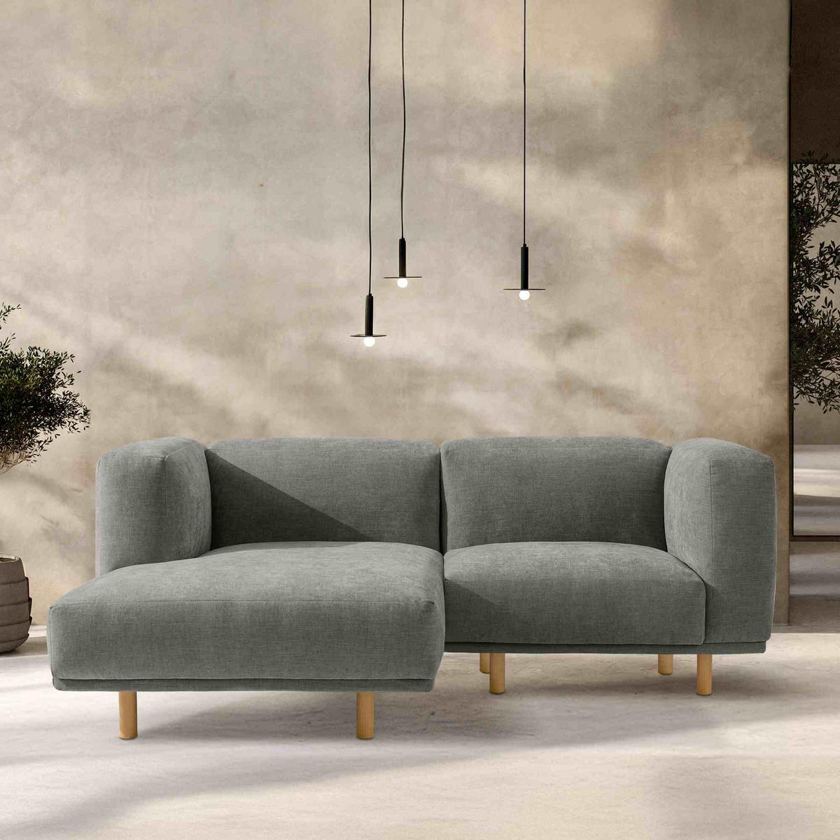 ECKSOFA-LINKS FOSERO, Chenille-Stoff - Buchefarben/Grau, Holz/Holzwerkstoff (204/155cm) - KONSIMO®