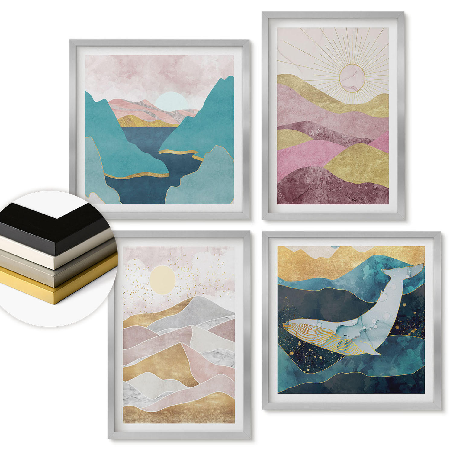 WANDBILDER 4er Set - 50x50 cm & 40x60 cm Silberner Rahmen - Abstrakte Berge Sonne - Silberfarben, Kunststoff (50/50cm) - ArtPrintCave